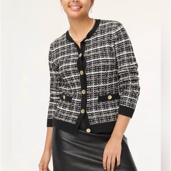 J. CREW Lady Cardigan Sweater in Black Khaki Tweed Sz L {3O27} - Picture 1 of 7